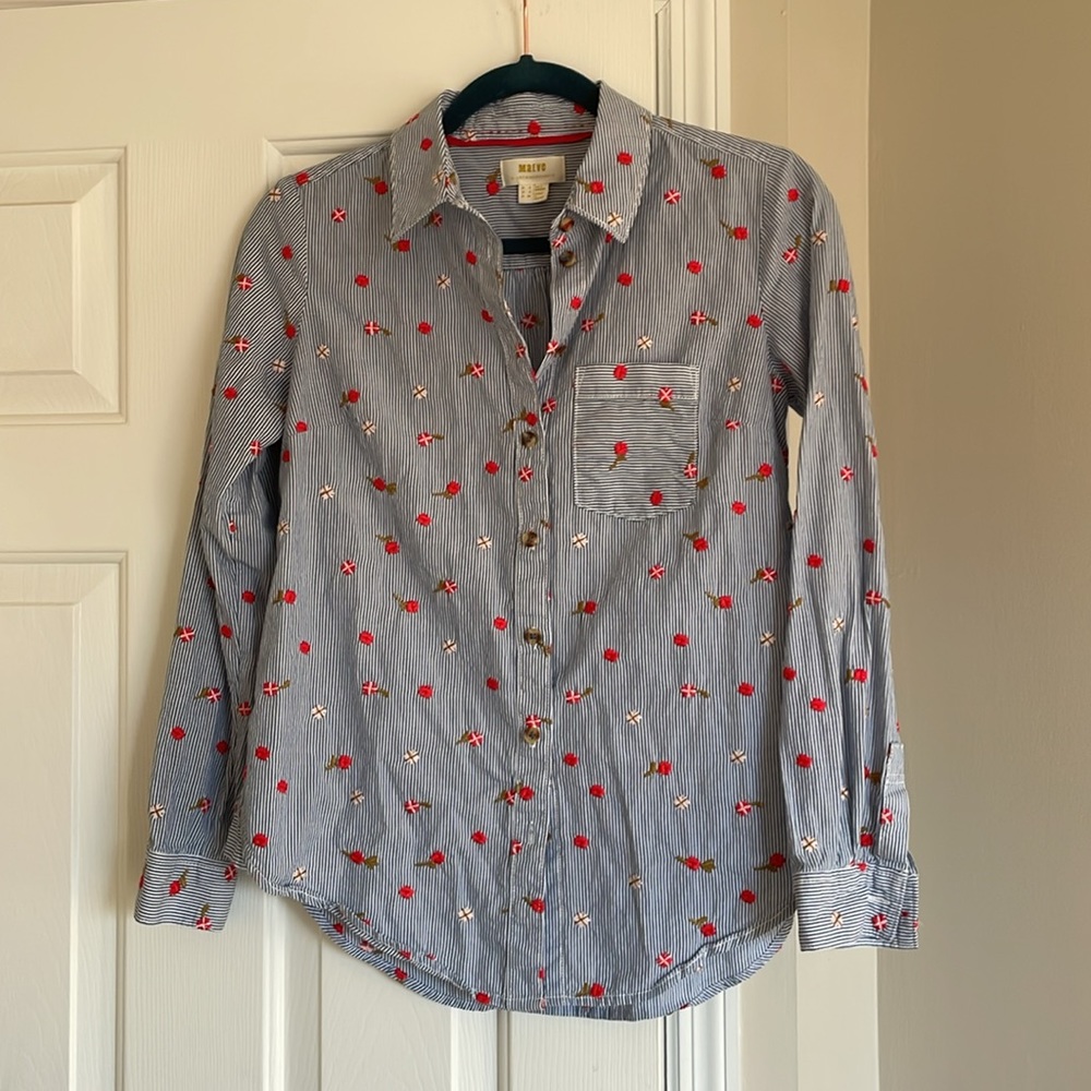 Maeve by Anthropologie Agra Floral Embroidered Button Down Striped Shirt